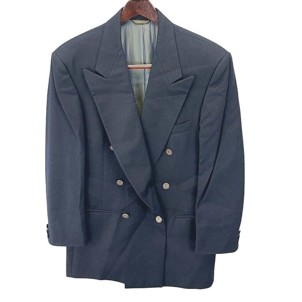 Nino Cerruti Double Breasted Blazer Mens 40R Navy Wool Peak Lapel Classic Formal